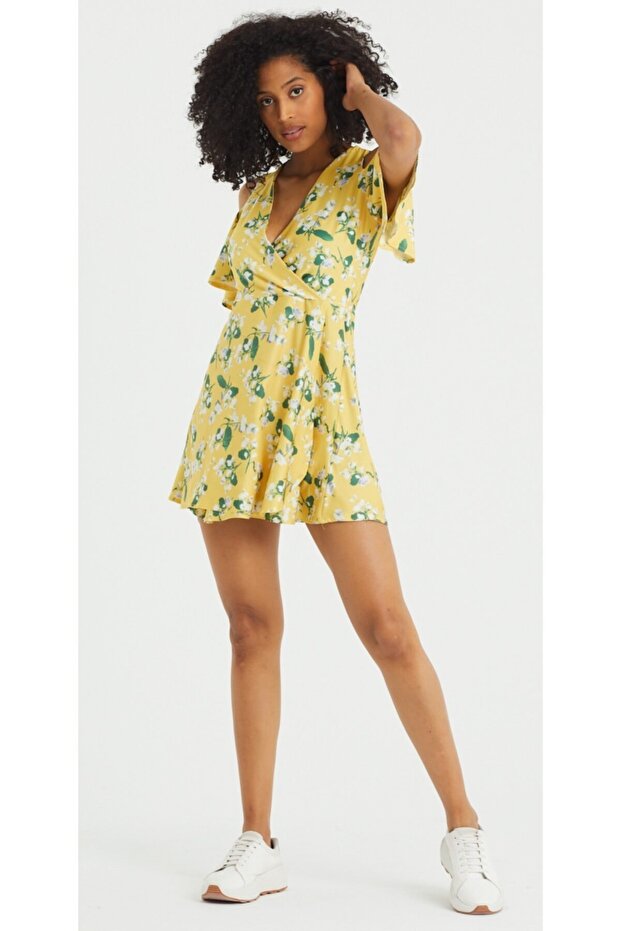 Kadın Sarı Baskılı Elbise - 4