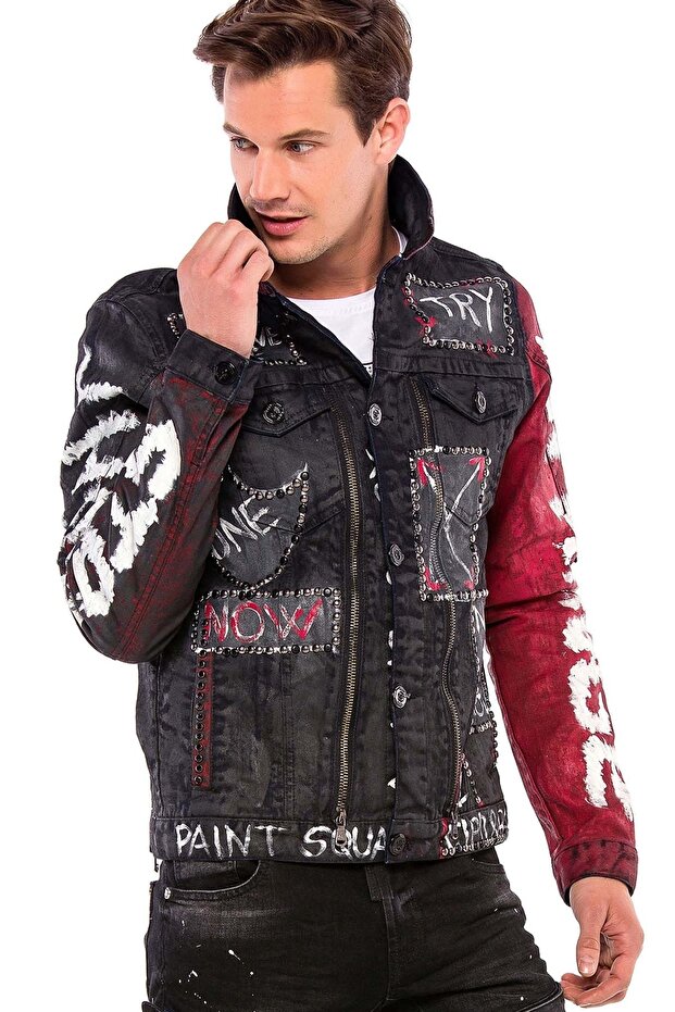 Men's Black Hand Painted Denim Jacket with Metal Detail