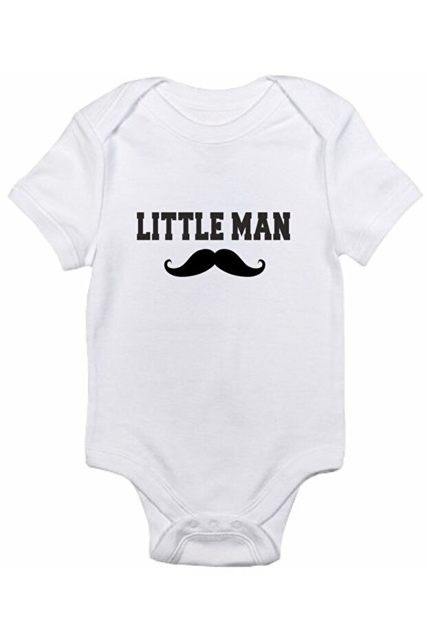Baby Boy White Little Man Mustache Printed Zıbın Body