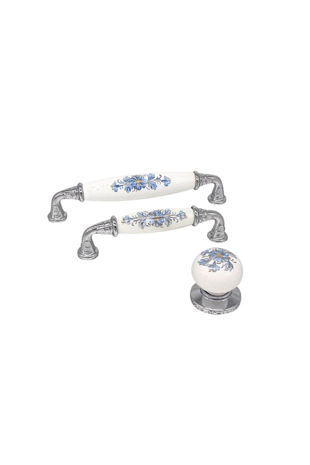 Porcelain Handle Blue Floral Chrome 128mm Kitchen Cabinet Bathroom Drawer