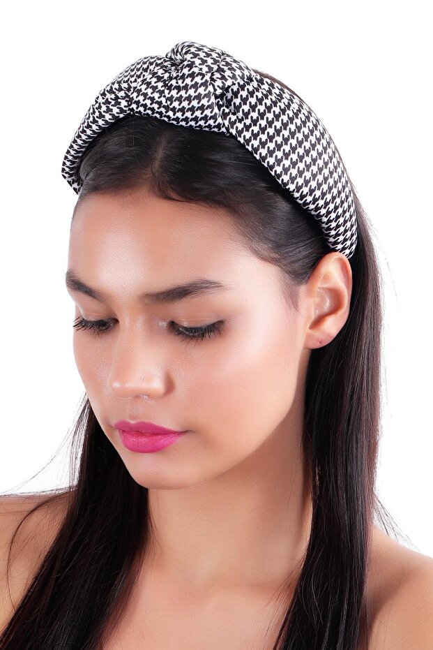 Hahai Women's Wide Band Black & White Color Gingham Knotted Crown
