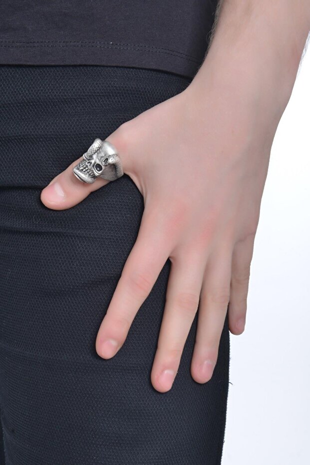 MEN'S ANTIQUE SILVER PLATED GOTHIC RING - 1
