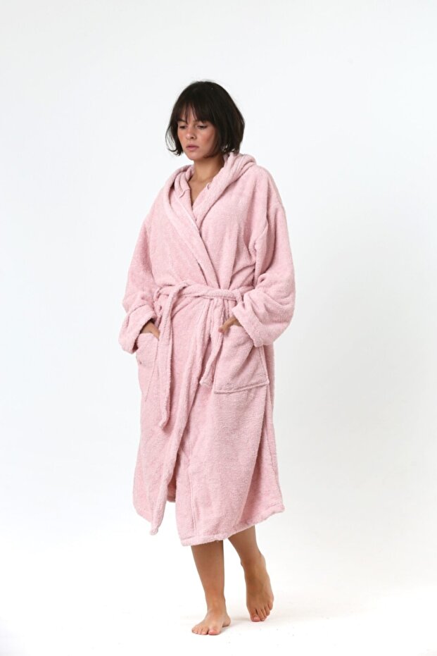 100% Cotton Hooded Towel Curl Adult Bathrobe Pink