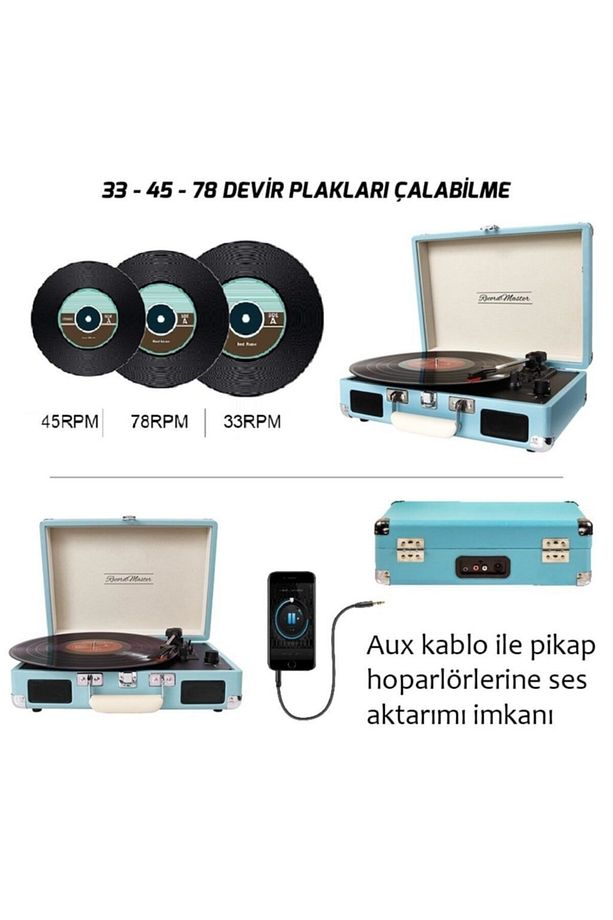 T310ch Pikap Plak Çalar- Turkuaz Mavi - Şarj Edilebilir - 33, 45, 78 Devir - Universal Iğneli - 4