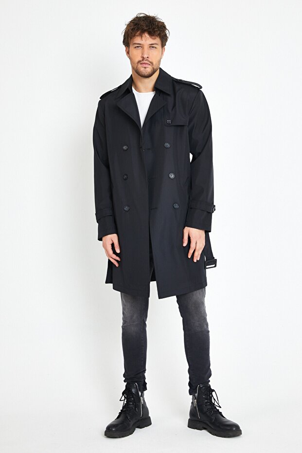 Plaid Lining Detailed Men's Overcoat & Trench Coat Black