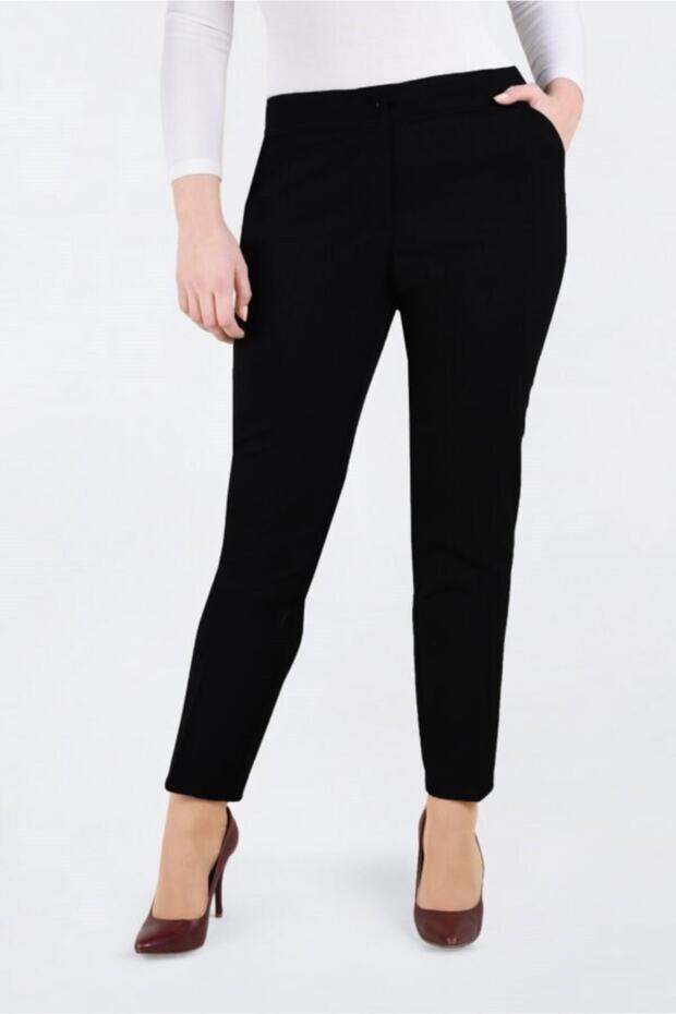 Women's Large Size Classic Pocket Fabric Trousers - Black