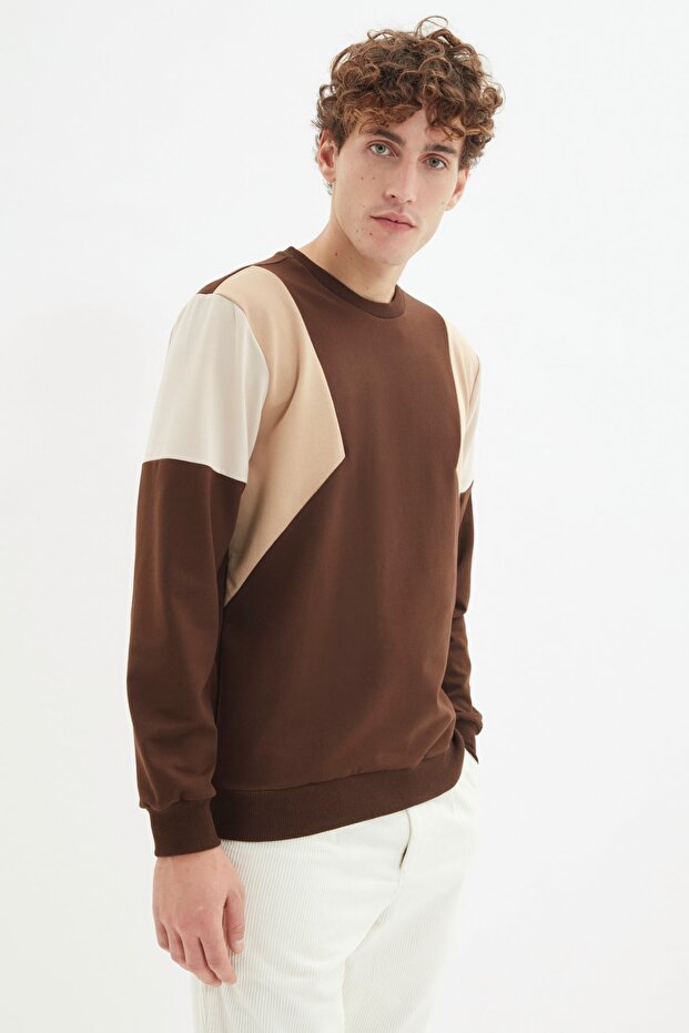 Kahverengi Regular/Normal Kesim Uzun Kollu Panelli Şardonsuz Sweatshirt TMNAW22SW0750 - 2