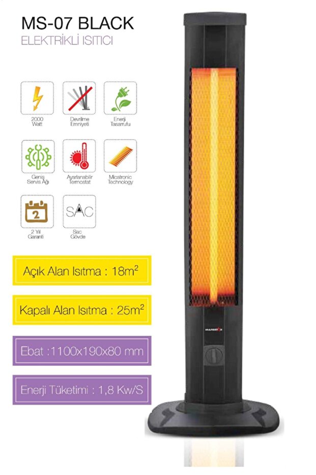 Infrared Elektrikli Isıtıcı Soba 2000w Kule Tipi Siyah - 2