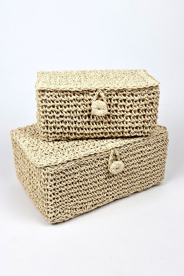 Kapaklı Örgülü Sepet Kutu Seti 2 Adetli Astarlı Düzenleme Kutusu 25x17x12cm Dd014 - 3