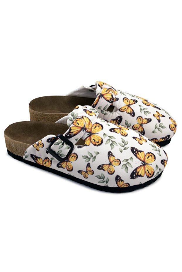 Women's White Butterfly Patterned Non-Slip Sole Orthopedic Sabo Slippers