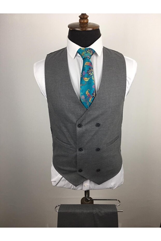 Erkek Gri Mono Yaka Tek Düğme Çift Yırtmaç Kruvaze Yelekli Slimfit Düz Füme Takım Elbise - 2