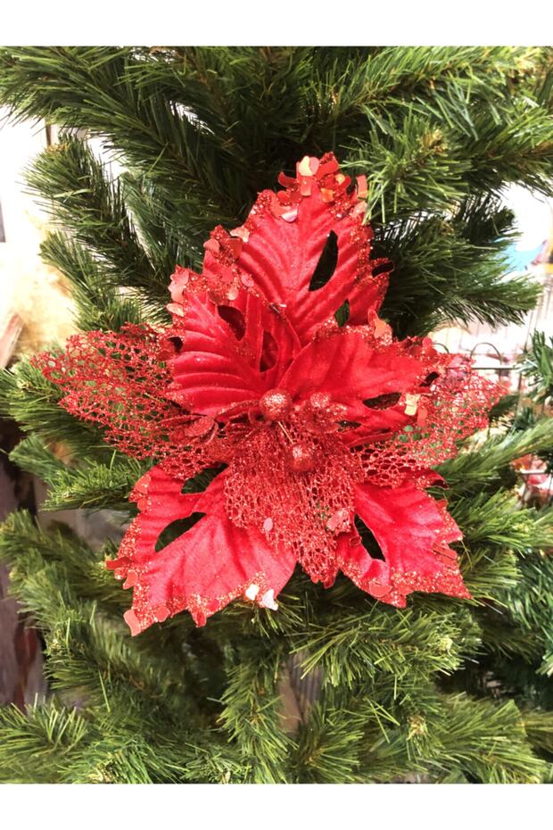 Yılbaşı Ağacı Çiçeği Atatürk Çiçeği Yapay Puansetya Kırmızı 25cm - 2