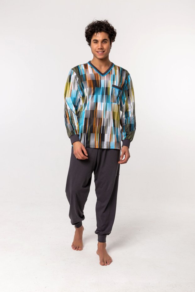 Multicolored Striped V-neck Cotton Large Size Pajamas Set