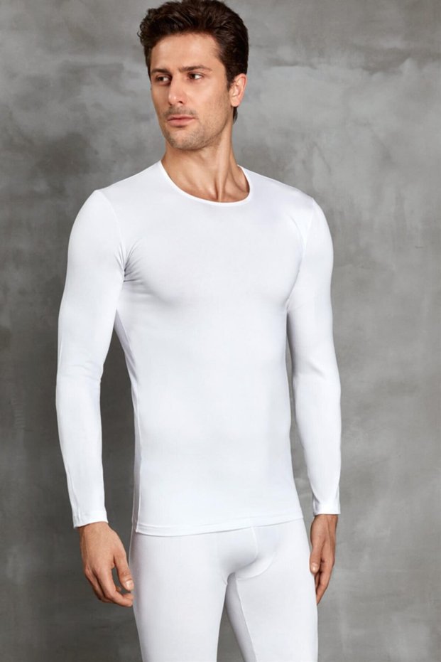 Men's Ecru Thermal Round Collar Long Sleeve T-Shirt