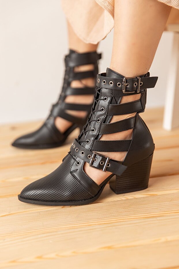 Women's Back Zippered Double Buckle Adjustable and Tied Summer Boots Matte Black