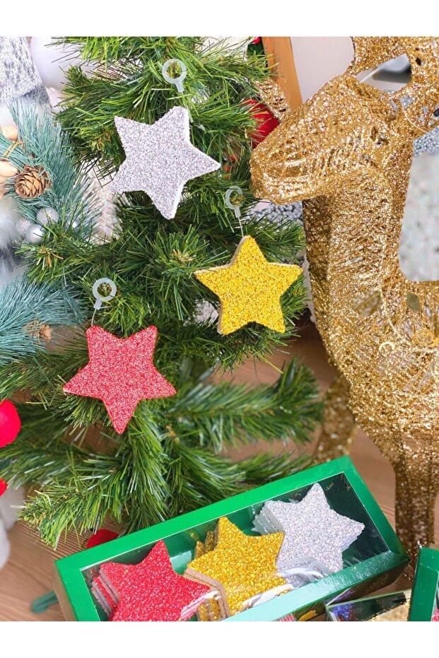 New Year Christmas Gift Star 12 Pieces Glitter Pine Tree Ornament Styrofoam Set Boxed Gold Silver Red
