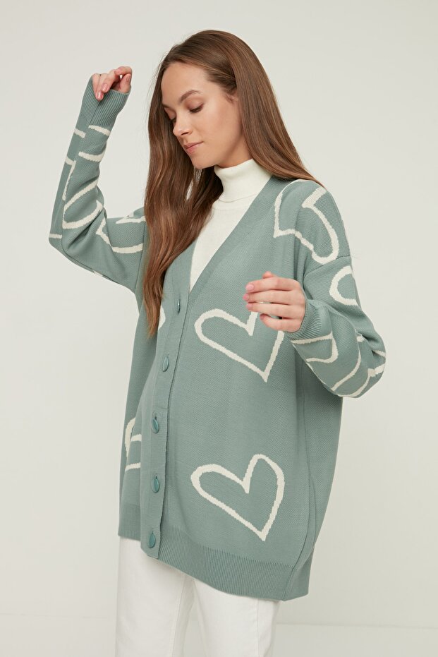 Mint V-Neck Heart Patterned Knit Cardigan TCTAW22TH0161
