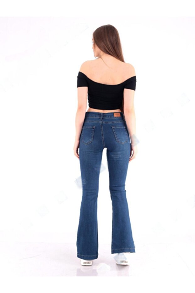 Yüksek Bel Likralı Ispanyol Paça Hafif Yıpratmalı Kot Pantolon - 2