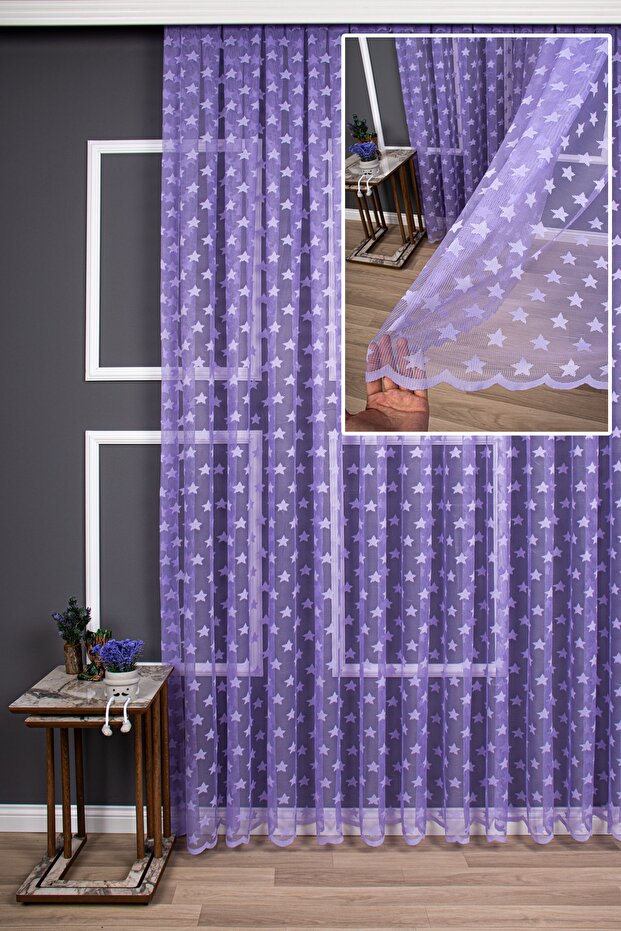 Star Pattern Knitted Plain Tulle Curtain, 400x270, Tight Pleat, 1/3