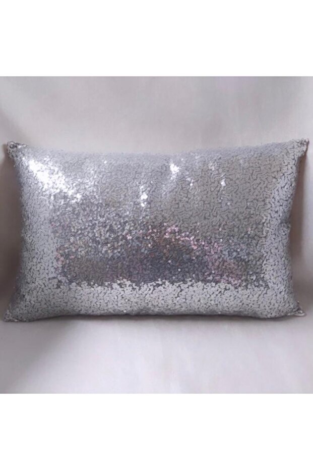 غطاء وسادة مستطيل مزين بالترتر - فضي - 1