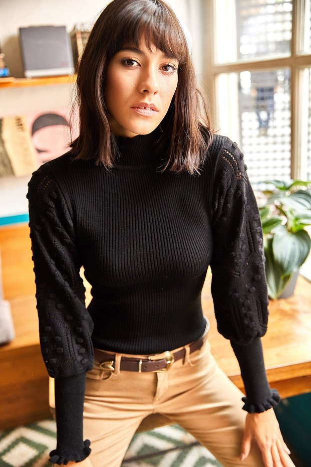 Women's Black Sleeve Detailed Stand Collar Ribbed Knitwear Sweater KZK-19000383
