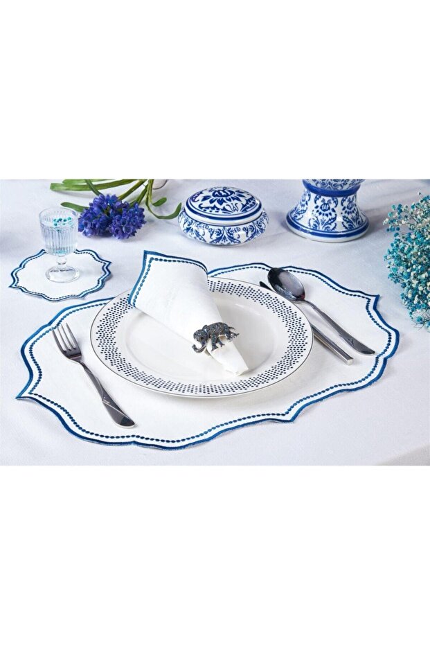 Cocktail Napkin American Serve Lisa Embroidered (Navy Blue) 12 Piece Set