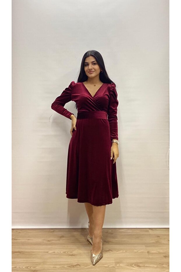 Belted Midi Length Double Breasted Collar Velvet Dress