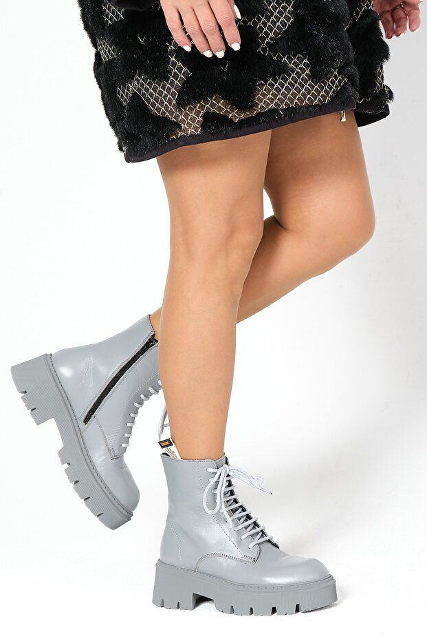 Kadın Gri Fermuarlı Bağcıklı Bot - 6