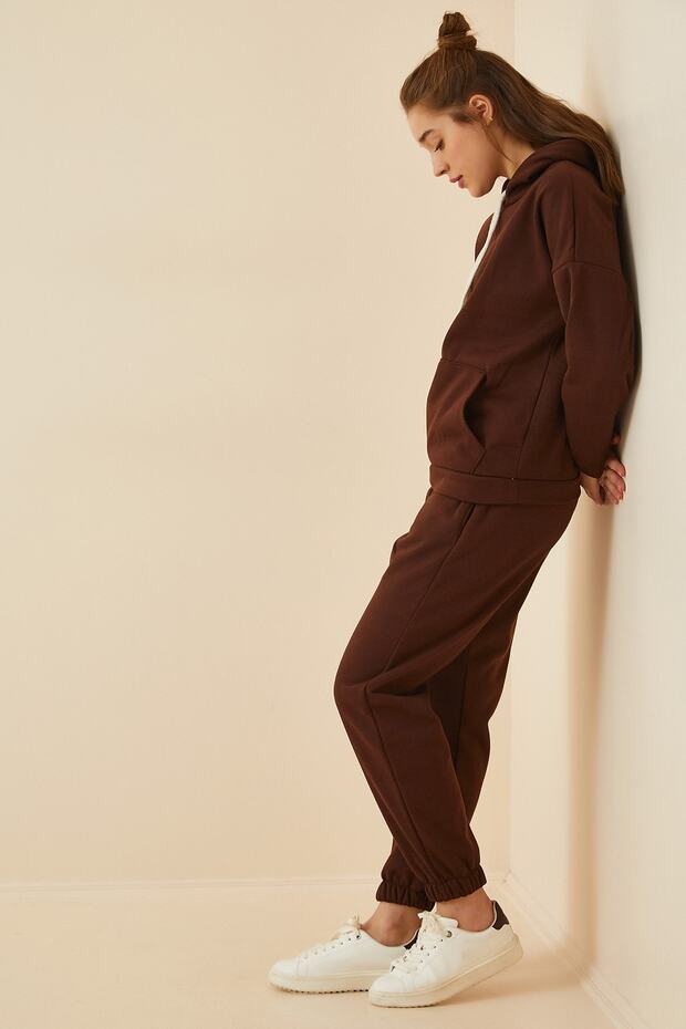Női sötétbarna kapucnis polár tréningruha szett DD00762 - 2