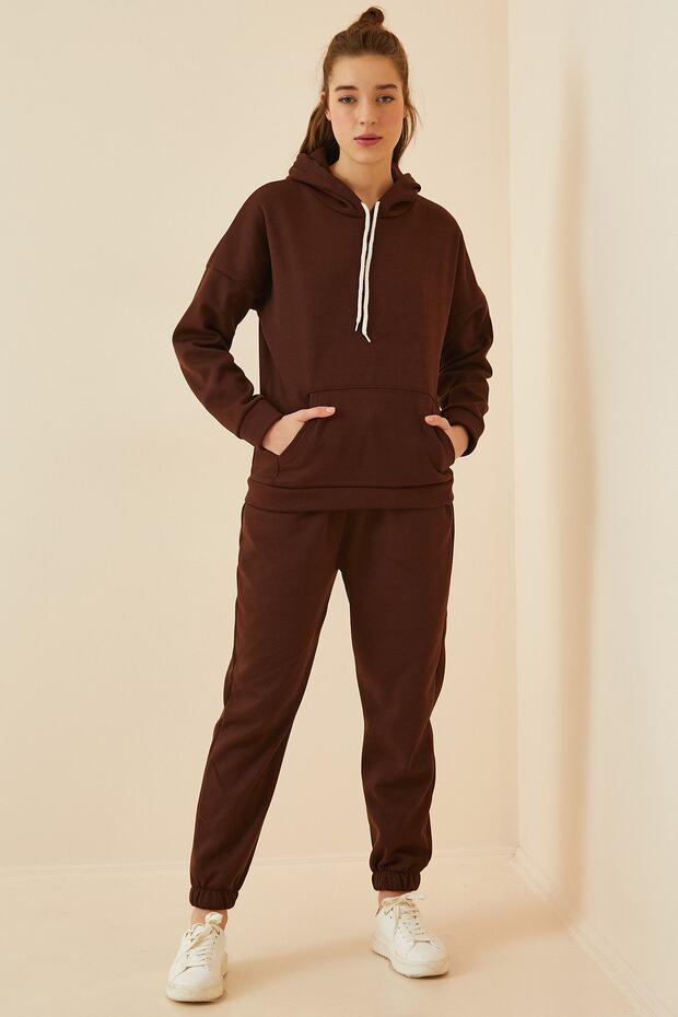 Női sötétbarna kapucnis polár tréningruha szett DD00762 - 3