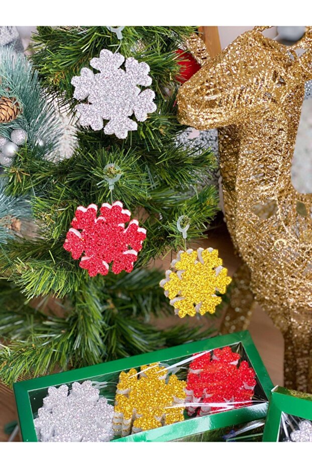 New Year Christmas Gift Snowflake 12 Pieces Glitter Pine Tree Ornament Styrofoam Set Boxed Gold Silver Red