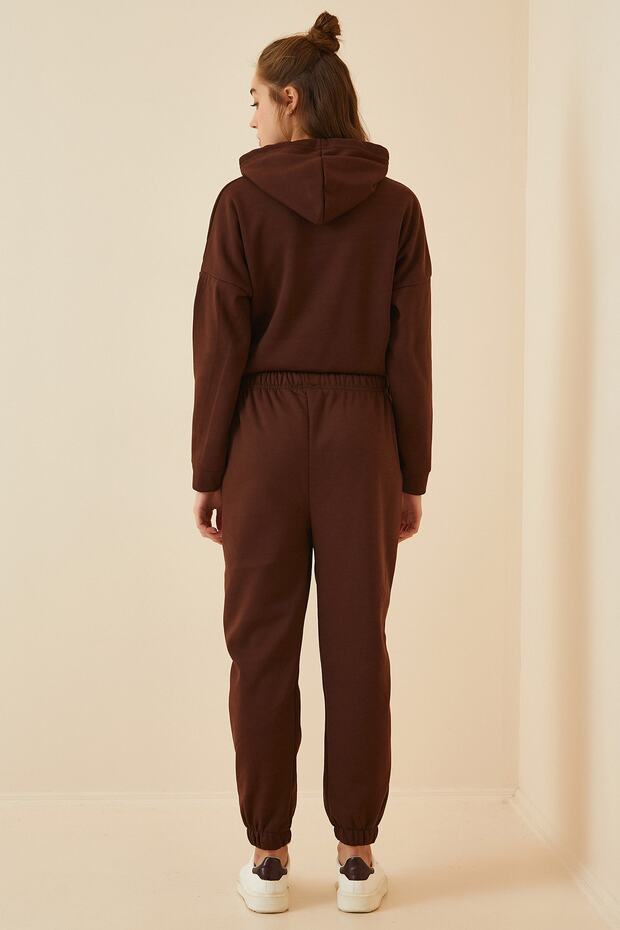 Női sötétbarna kapucnis polár tréningruha szett DD00762 - 6