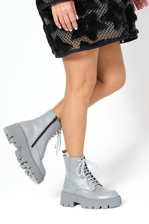 Kadın Gri Fermuarlı Bağcıklı Bot - 3