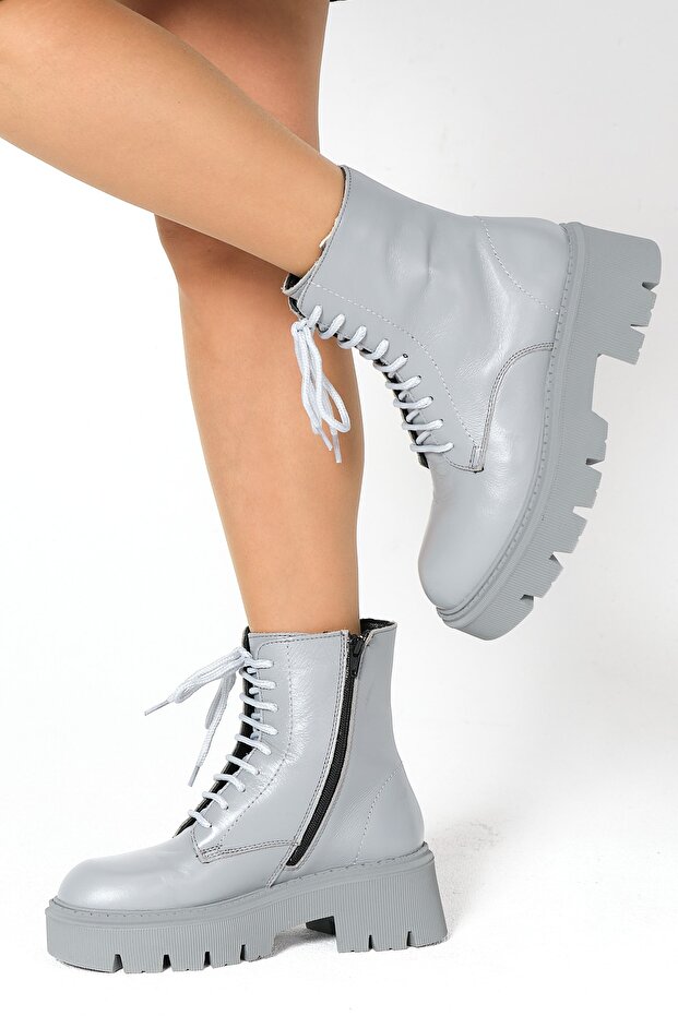 Kadın Gri Fermuarlı Bağcıklı Bot - 7