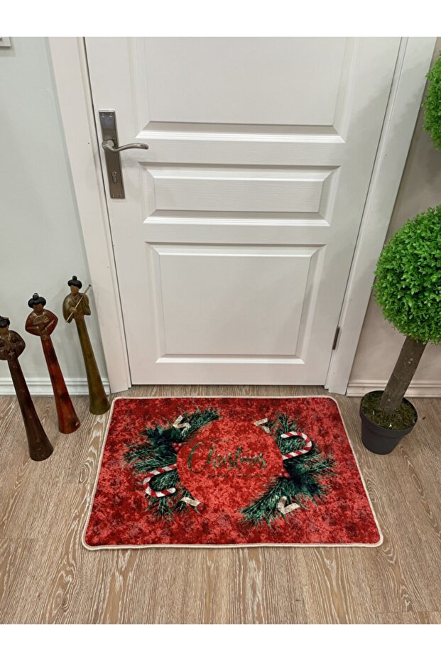 Candy Cane Yılbaşı Lateks Taban Kapı Önü Paspası (ebat 60x90) - 1