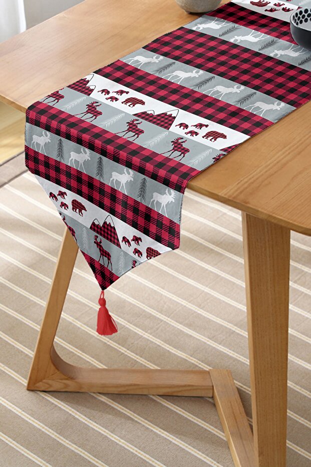 Plaid Patterned Deer Patterned Digital Printed Special Design Tufted Chenille Triangle Runner on White Background - 2