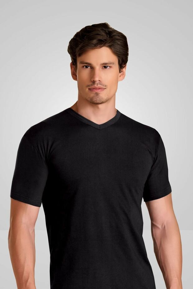 قميص داخلي أسود برقبة على شكل حرف V للرجال - 1