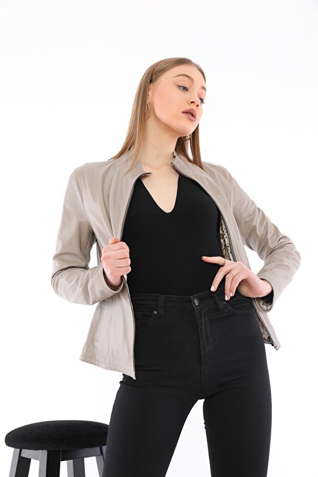 Kadın Bej Deri Ceket - 3