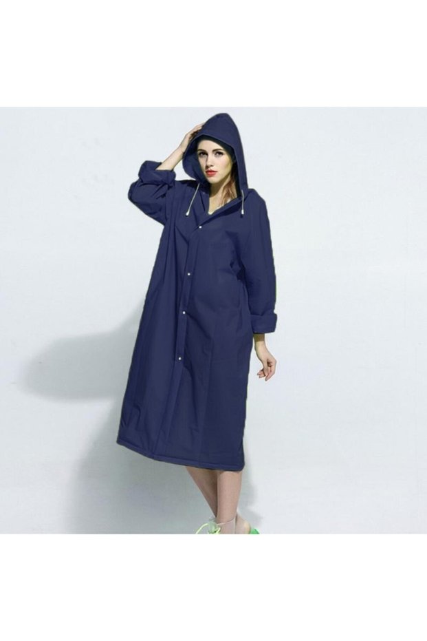Women's Men's Raincoat Hooded Snap Fastener Eva Navy Blue Raincoat