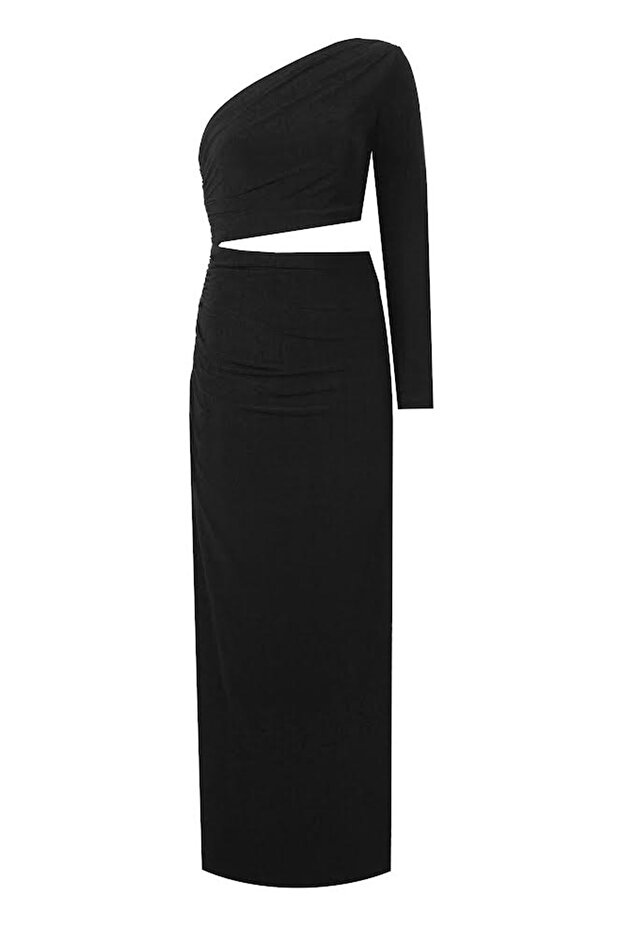 Black Single Sleeve Side Draped Long Evening Dress with Midriff Window