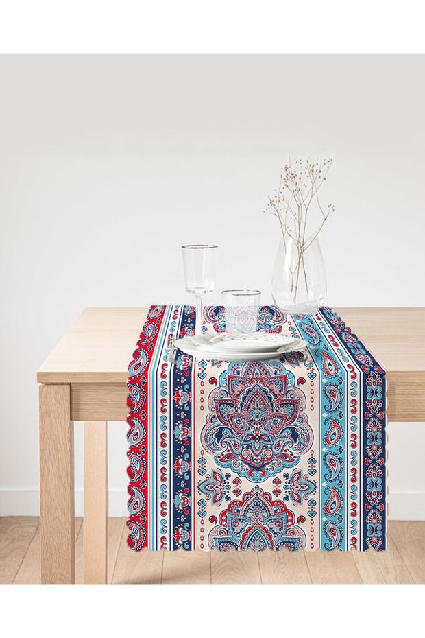 Red Blue Tile Patterned Modern Digital Printed Runner - 2