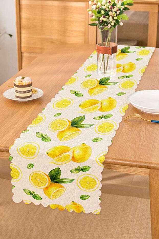 Lemon on White Background Patterned Digital Printed Special Design Runner - 1