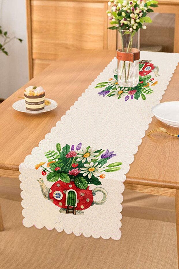 Digital Printed Modern Runner with Cute Teapot Vase Design