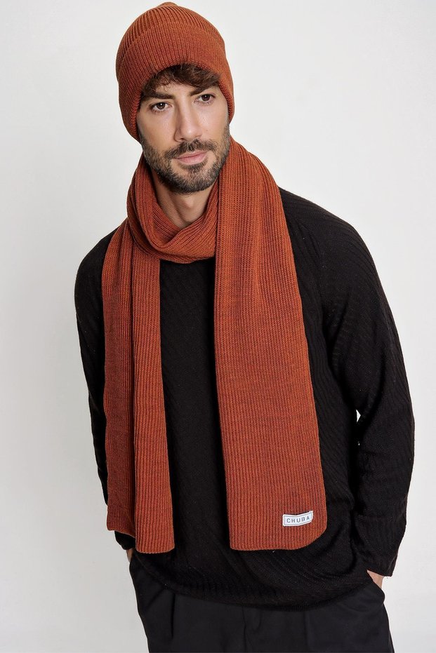 Men's Thessaloniki Knitted Knitwear Scarf Beanie Set Cinnamon 22w850