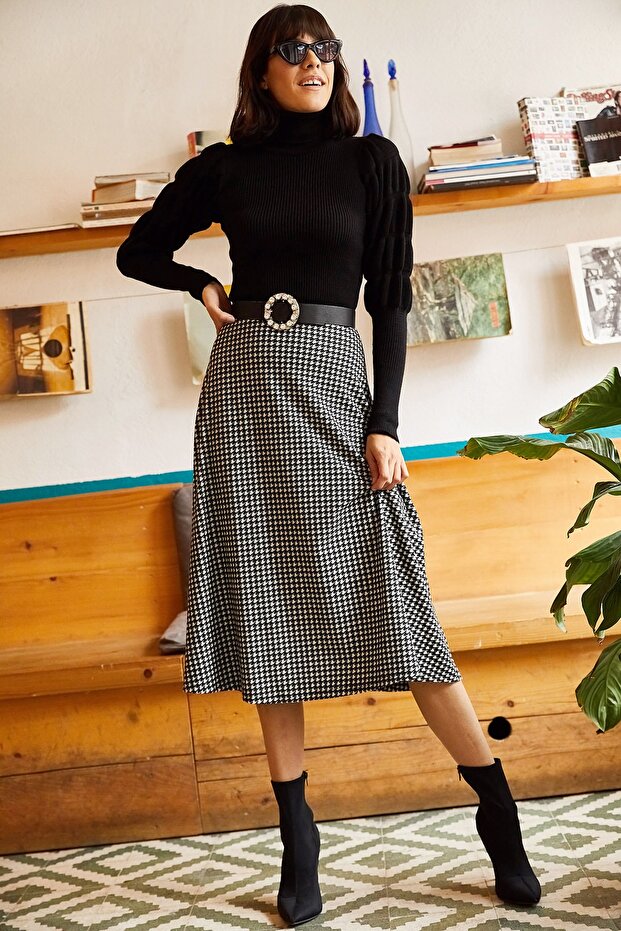 Women's Houndstooth Black Elastic Waist Suede Textured A-Line Skirt ETK-19000141