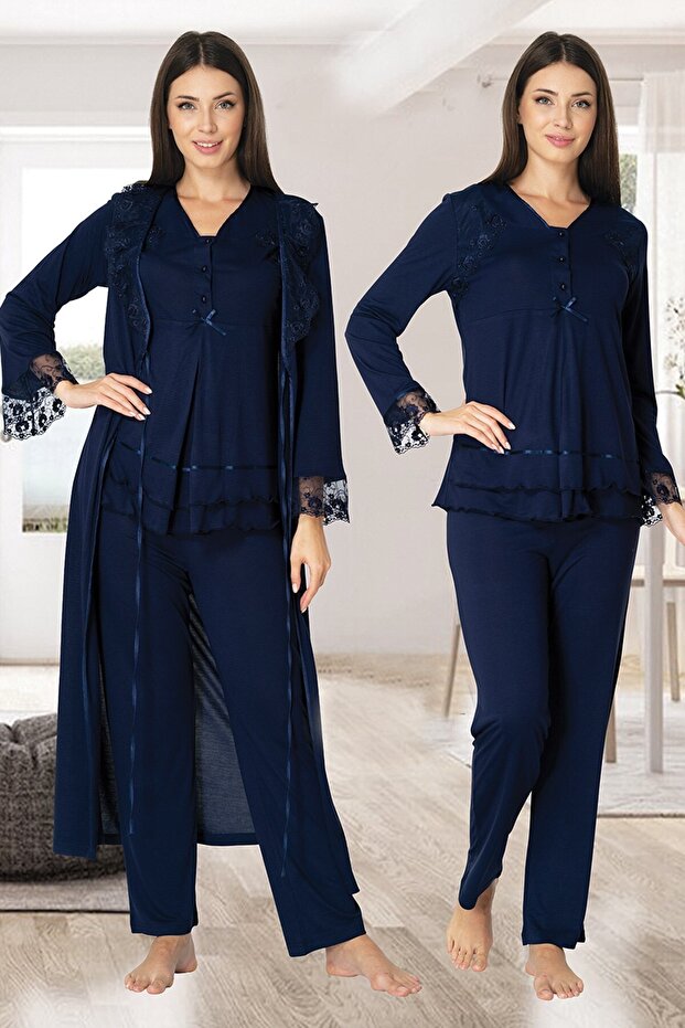 Mayss Collections 2424 Navy Blue Maternity Pajamas Set with Dressing Gown