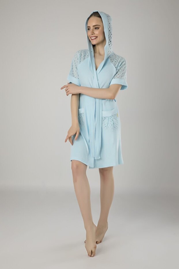 Women's Blue Perforated Lace Dressing Gown Bathrobe