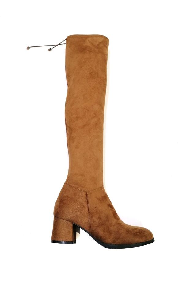 Women's Brown Over The Knee Stretch Short Heeled Boots