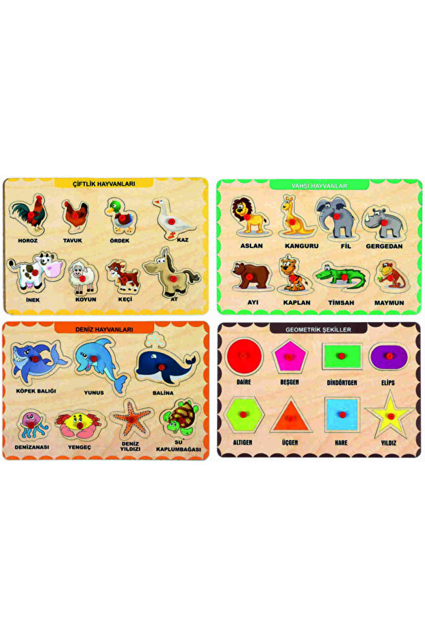 4 Adet Ahşap Tutmalı Eğitici Yapboz Puzzle Seti-6 - 1