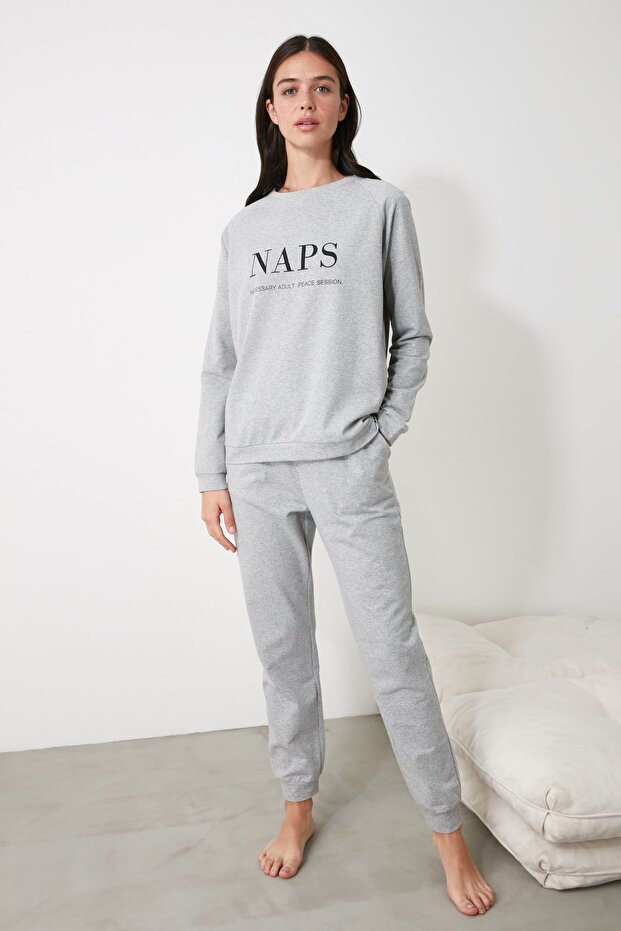 Antracytowy zestaw T-shirt-Jogger z napisem i piżamą z dzianiny THMAW21PT0497 - 10